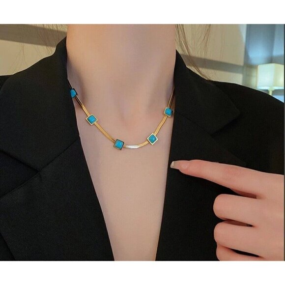 18K Gold Plated herringbone Turquoise Necklace Set Stainless Steel jewelry - Picture 3 of 9